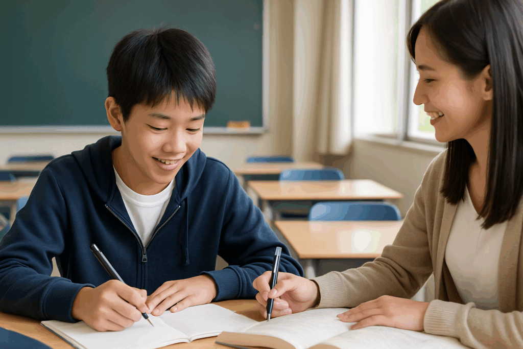 高校受験に向けて受験勉強を始める中学生とサポートする塾のイメージ
