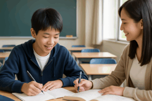 高校受験に向けて受験勉強を始める中学生とサポートする塾のイメージ