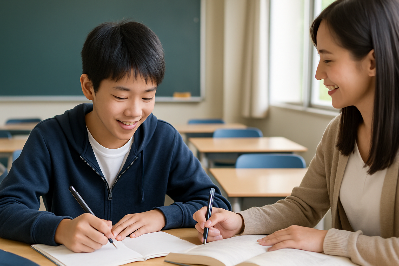 高校受験に向けて受験勉強を始める中学生とサポートする塾のイメージ
