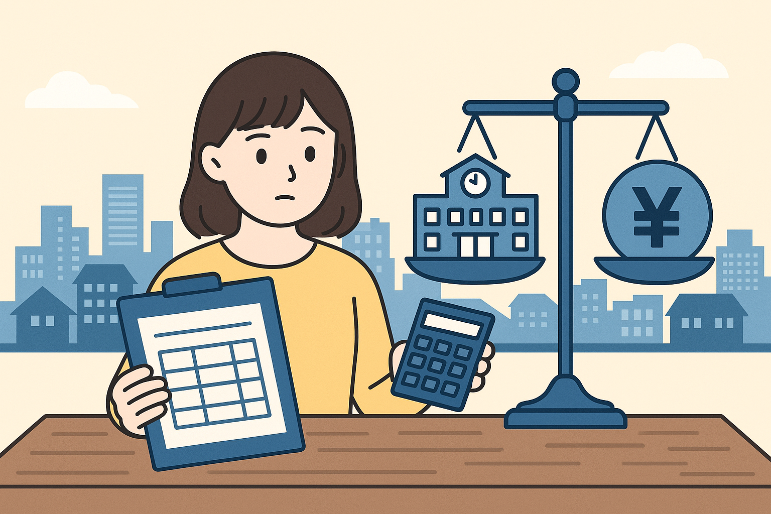 上田市の学習塾の料金比較を考える保護者が、電卓と料金表を手に悩む様子。学校とお金のバランスを図る天秤が背景に描かれている。